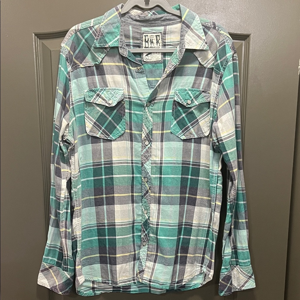 BKE Teal & Gray Plaid Athletic Fit Casual Button Down Shirt Size L